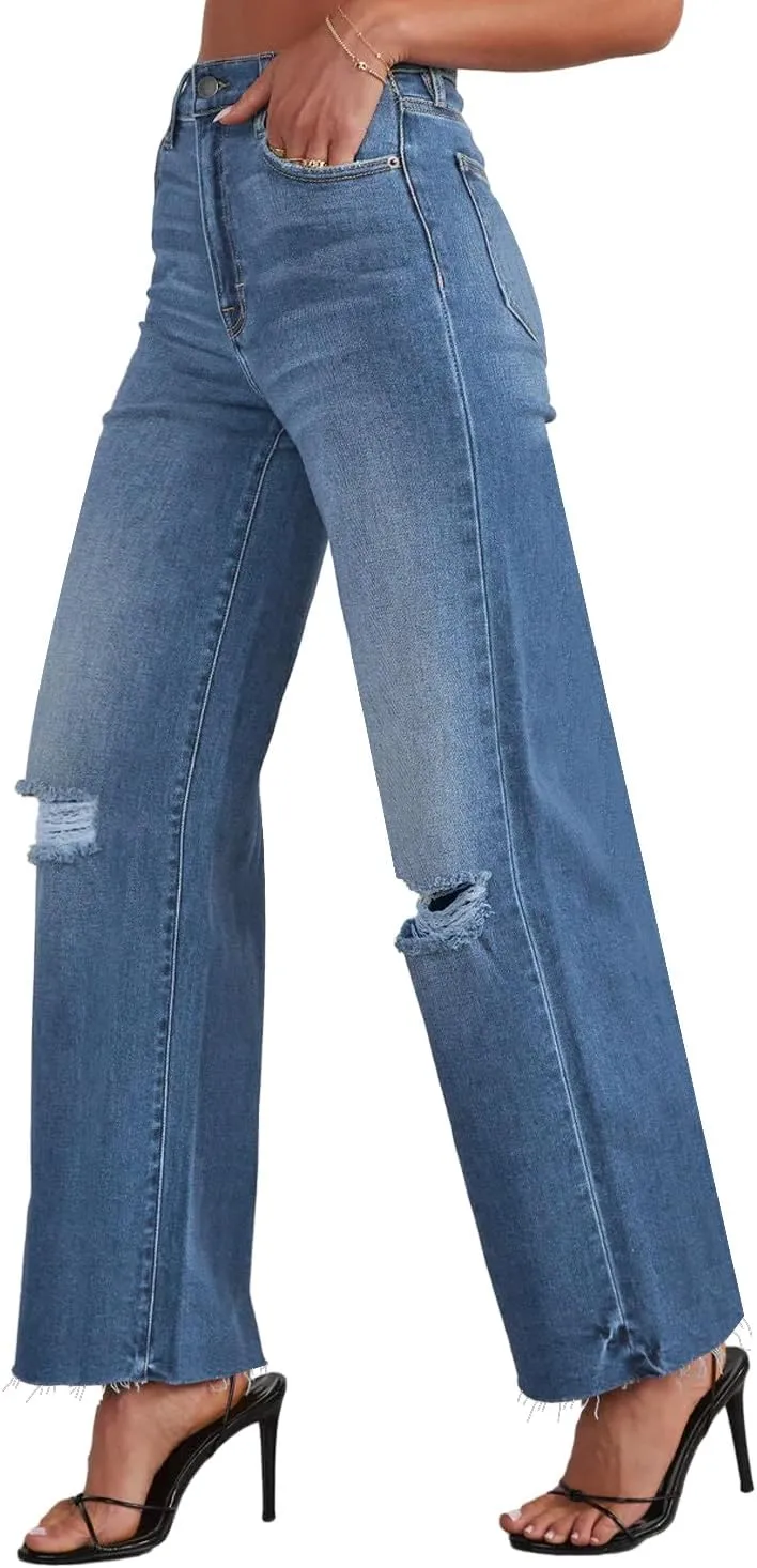 Allimy Women's High Waisted Straight Ankle Wide Leg Ripped Jeans Frayed Hem Stretchy Capri Denim Pants