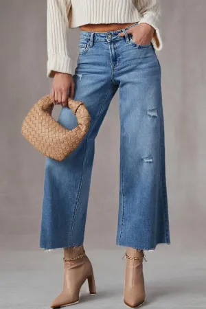 Allimy Women's High Waisted Straight Ankle Wide Leg Ripped Jeans Frayed Hem Stretchy Capri Denim Pants