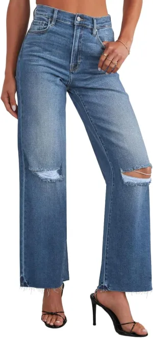 Allimy Women's High Waisted Straight Ankle Wide Leg Ripped Jeans Frayed Hem Stretchy Capri Denim Pants