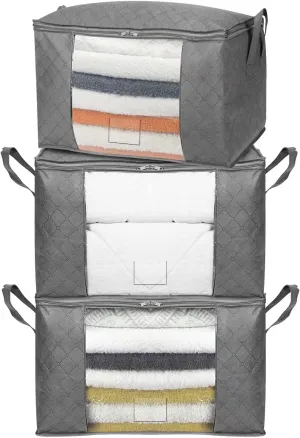 Amazon Basics Foldable Large Zipper Storage Bag Organizer Cubes with Clear Window & Handles, 3-Pack, Gray