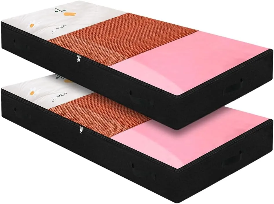 AMJ Black Pack of 2, Transparent Zip Lid Under Bed Storage Containers, Collapsible Underbed Storage Bags for Bedroom Wardrobe, Washable