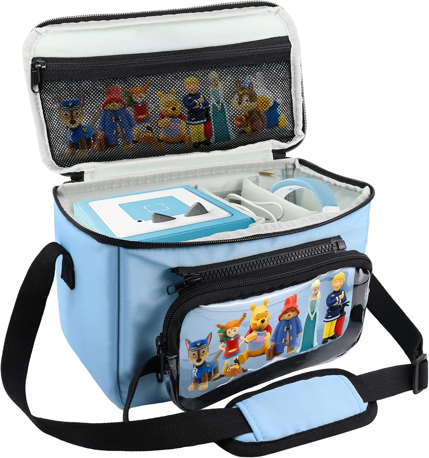 Annmore Carrying Case for Tonies Figures and Toniebox, Travel Bag with Removeable Clear Pocket for Tonies Characters, Blue