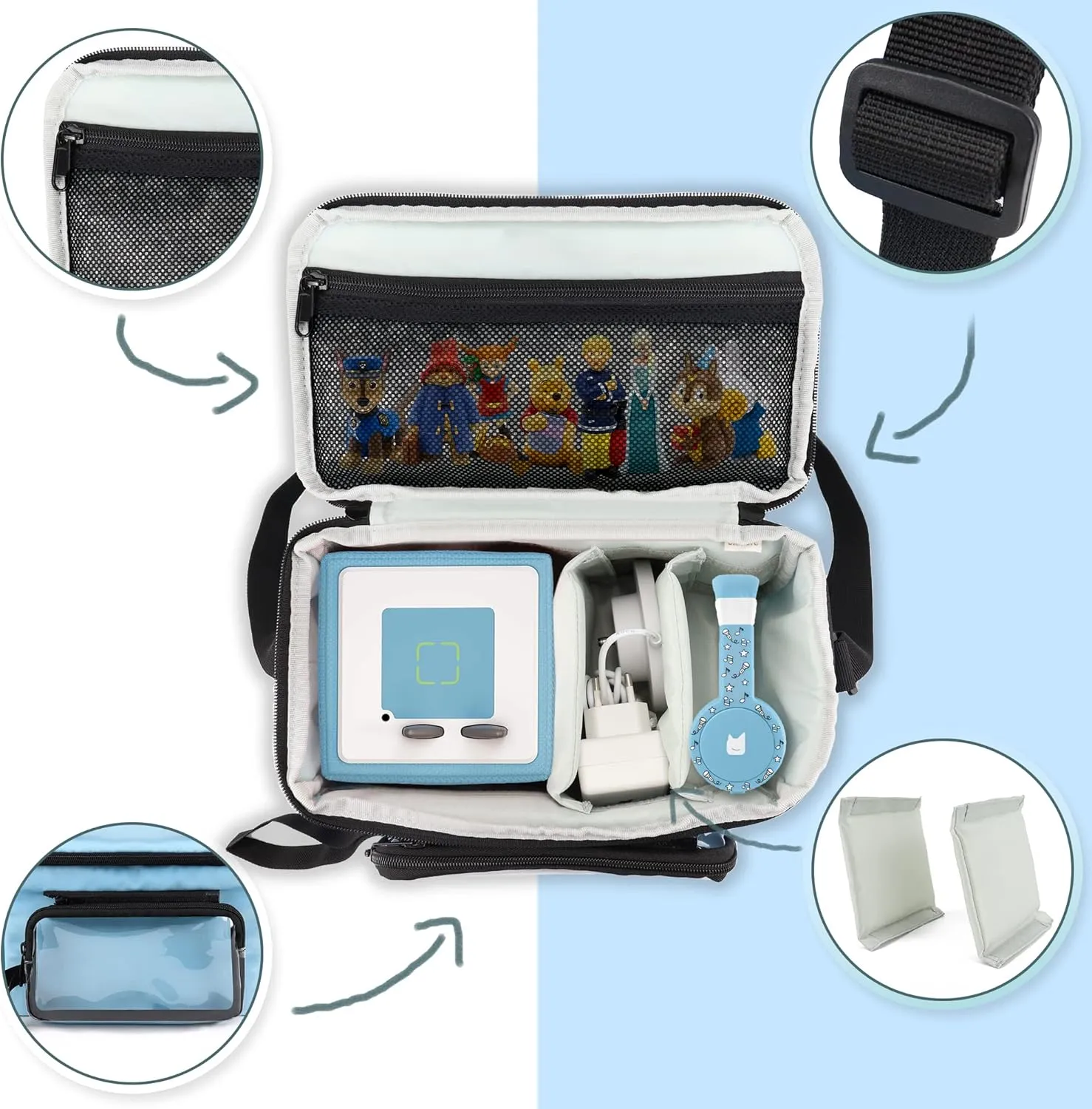 Annmore Carrying Case for Tonies Figures and Toniebox, Travel Bag with Removeable Clear Pocket for Tonies Characters, Blue