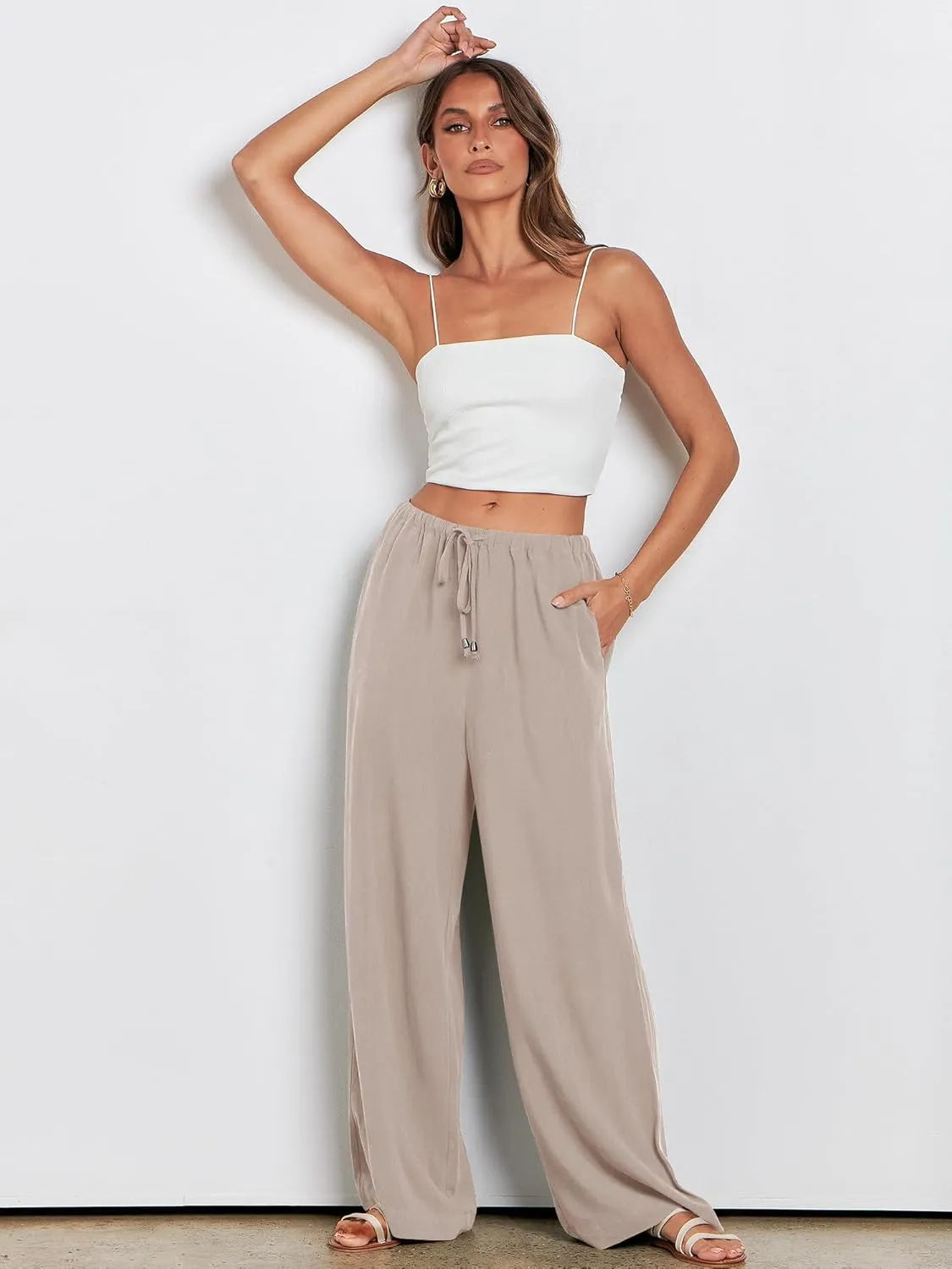 ANRABESS Womens Linen Palazzo Pants Summer Flowy Wide Leg Drawstring Casual Trousers with Pockets Beach Vacation Outfits