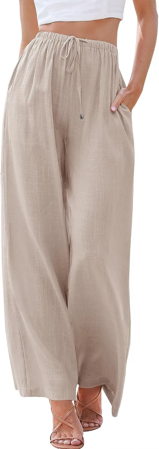 ANRABESS Womens Linen Palazzo Pants Summer Flowy Wide Leg Drawstring Casual Trousers with Pockets Beach Vacation Outfits