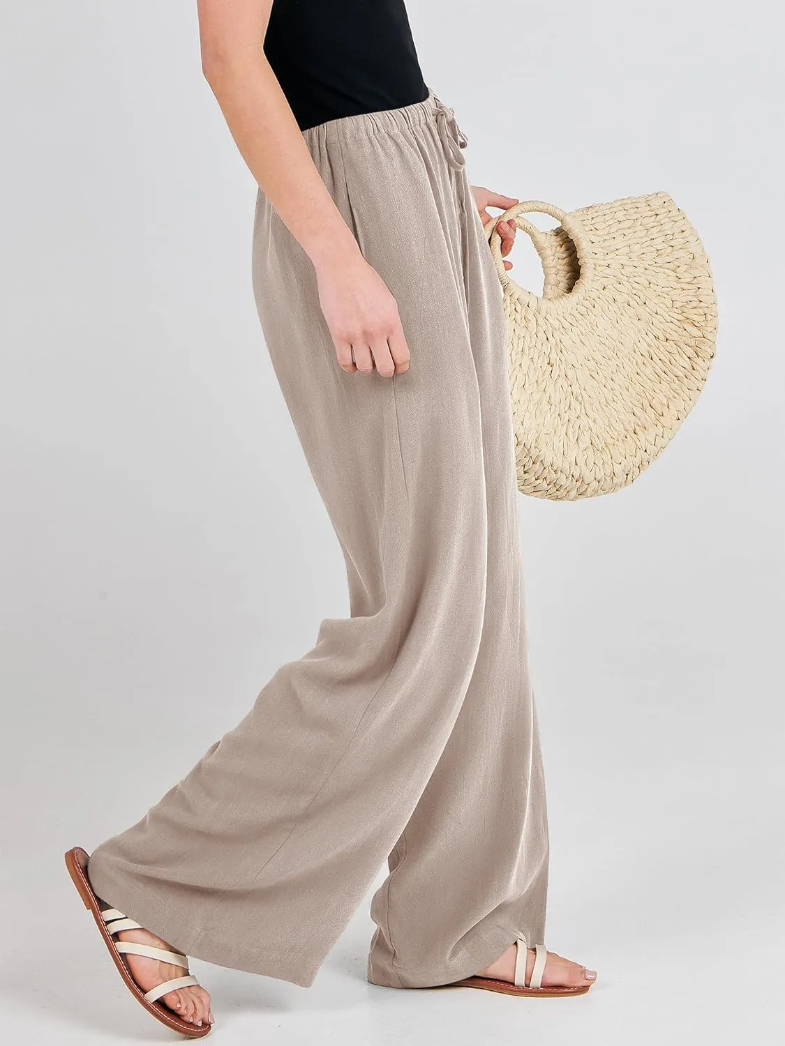 ANRABESS Womens Linen Palazzo Pants Summer Flowy Wide Leg Drawstring Casual Trousers with Pockets Beach Vacation Outfits