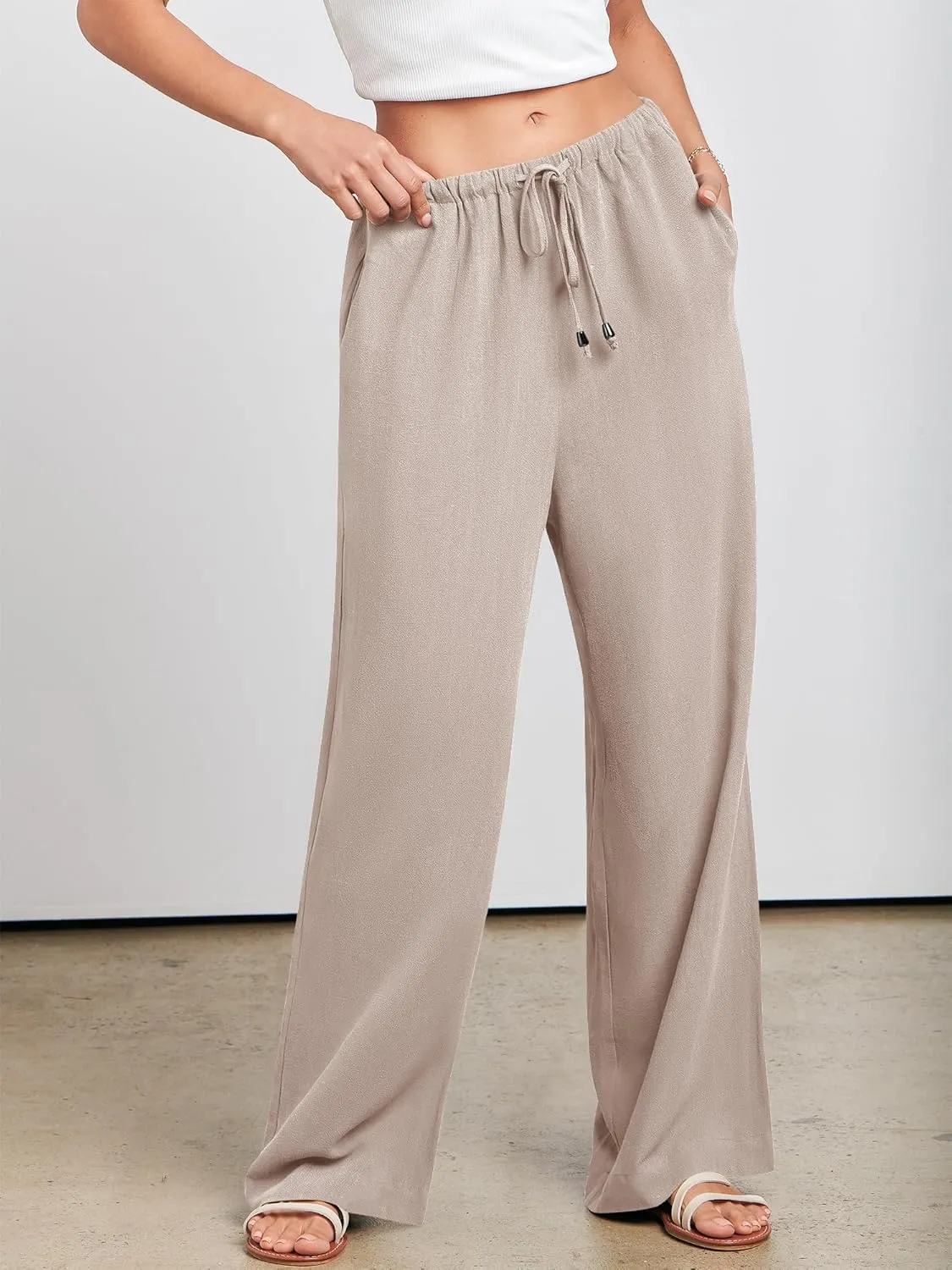 ANRABESS Womens Linen Palazzo Pants Summer Flowy Wide Leg Drawstring Casual Trousers with Pockets Beach Vacation Outfits