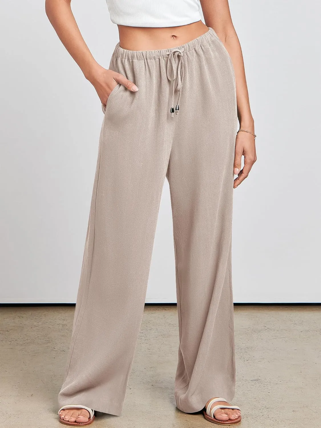 ANRABESS Womens Linen Palazzo Pants Summer Flowy Wide Leg Drawstring Casual Trousers with Pockets Beach Vacation Outfits