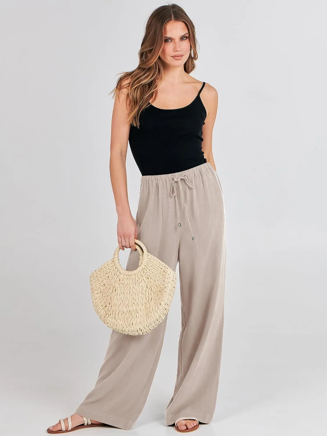 ANRABESS Womens Linen Palazzo Pants Summer Flowy Wide Leg Drawstring Casual Trousers with Pockets Beach Vacation Outfits