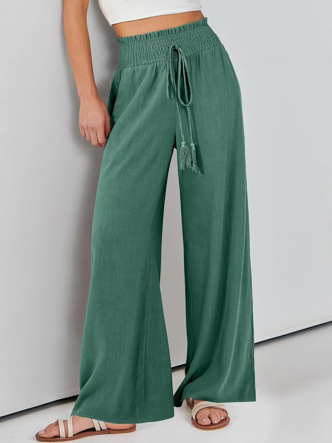 ANRABESS Women's Linen Pants Summer Casual Palazzo Beach Pant Drawstring High Waist Wide Leg Trousers Vacation Outfits