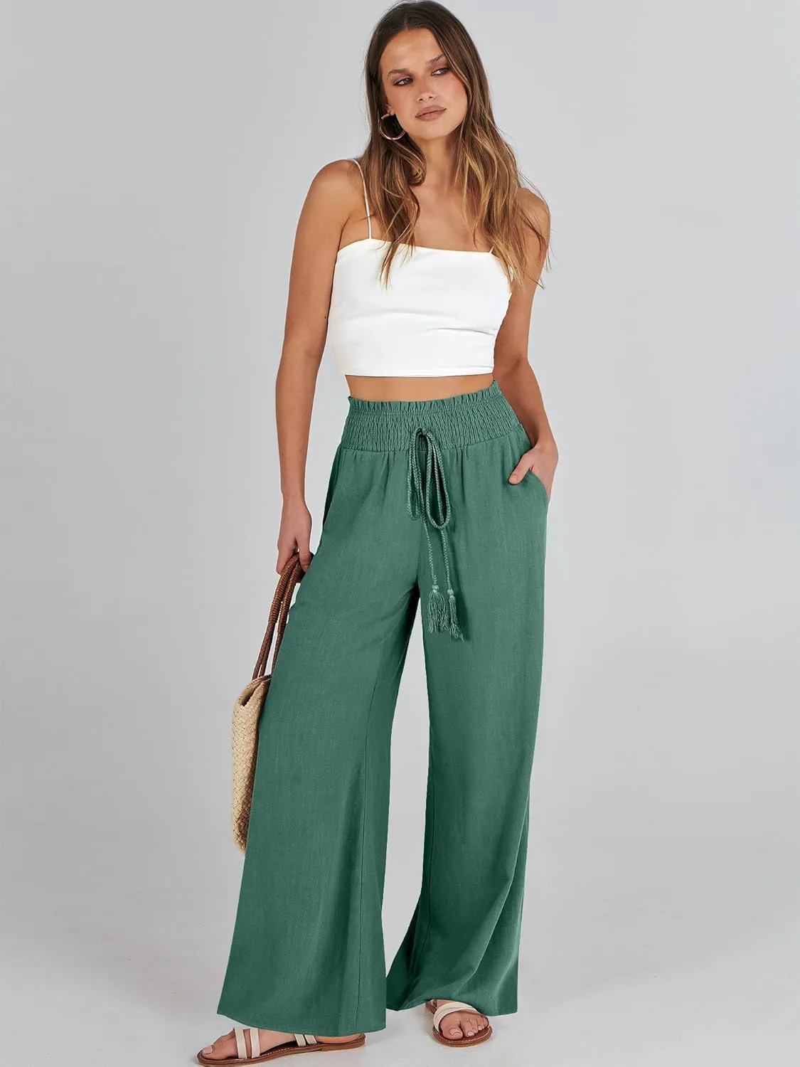ANRABESS Women's Linen Pants Summer Casual Palazzo Beach Pant Drawstring High Waist Wide Leg Trousers Vacation Outfits