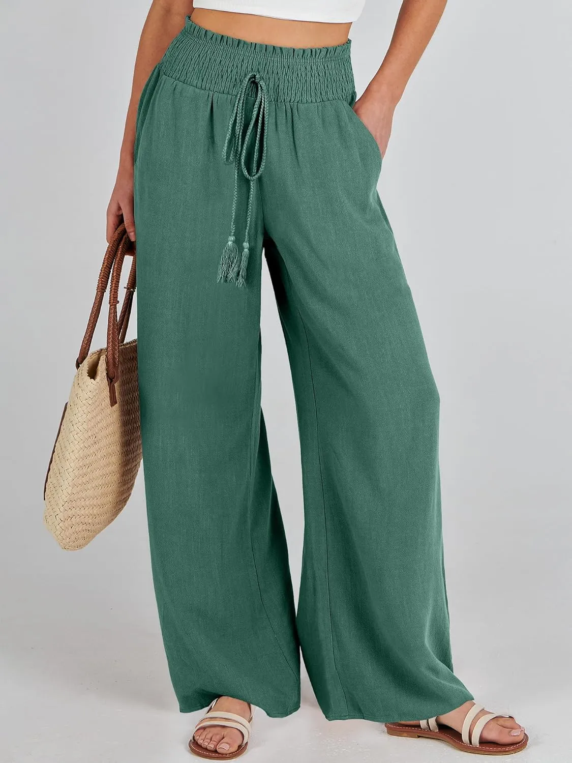 ANRABESS Women's Linen Pants Summer Casual Palazzo Beach Pant Drawstring High Waist Wide Leg Trousers Vacation Outfits