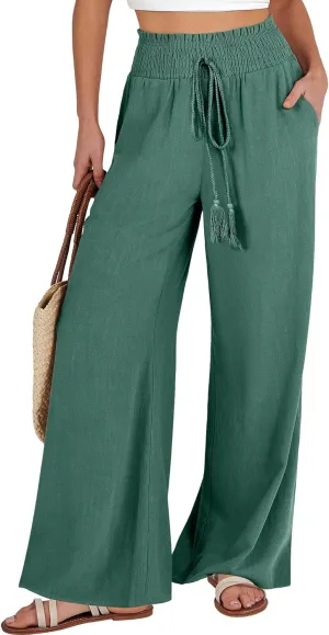 ANRABESS Women's Linen Pants Summer Casual Palazzo Beach Pant Drawstring High Waist Wide Leg Trousers Vacation Outfits