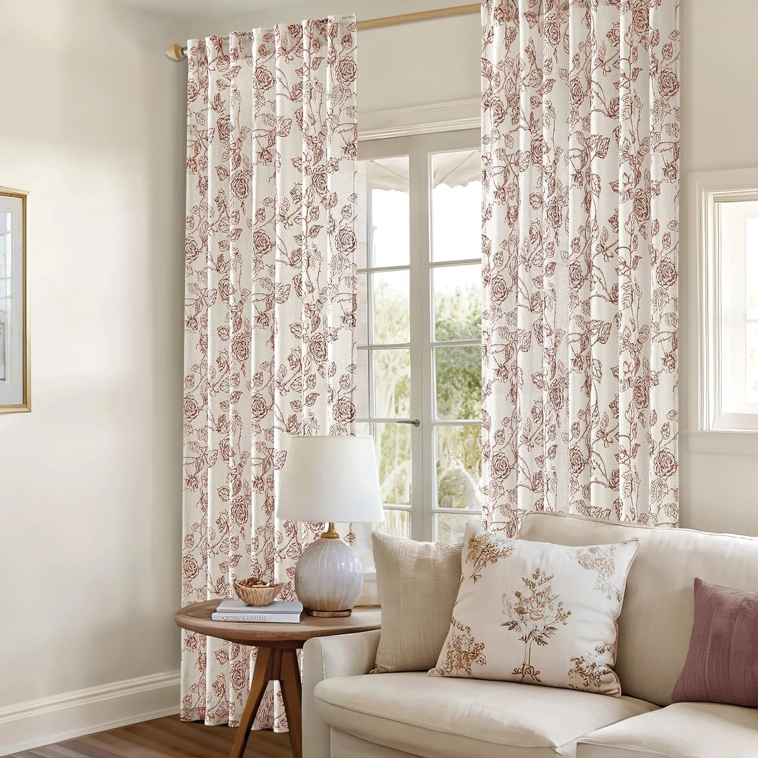ANRODUO Vintage Linen Curtains - Rust Red Botanical Patterned Neutral Cream Drapes - 63 Inch Long, 2 Panel Set - Back Tab Curtains for Living Room & Bedroom