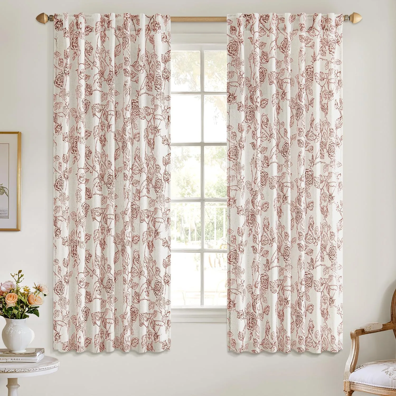 ANRODUO Vintage Linen Curtains - Rust Red Botanical Patterned Neutral Cream Drapes - 63 Inch Long, 2 Panel Set - Back Tab Curtains for Living Room & Bedroom