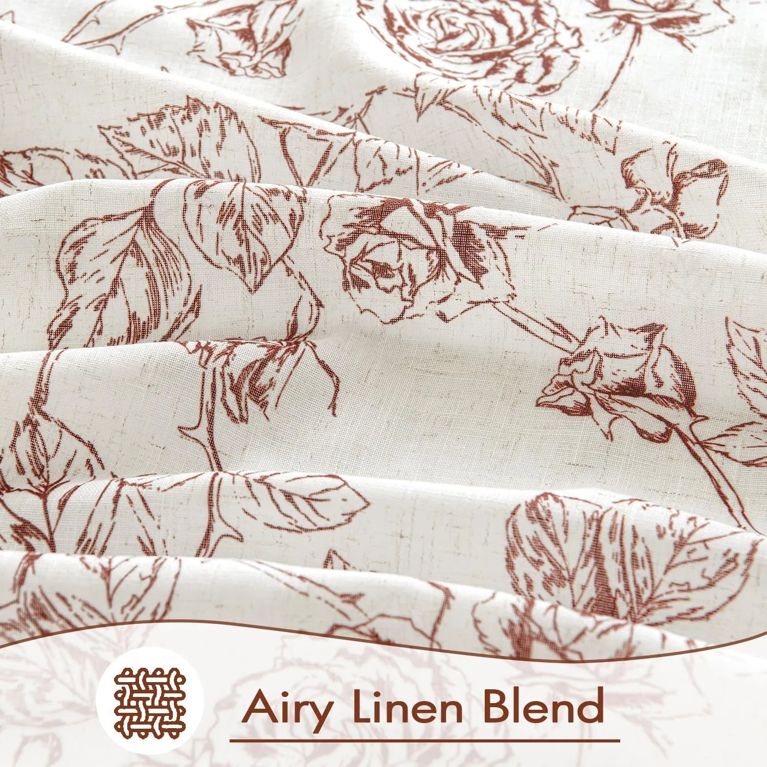 ANRODUO Vintage Linen Curtains - Rust Red Botanical Patterned Neutral Cream Drapes - 63 Inch Long, 2 Panel Set - Back Tab Curtains for Living Room & Bedroom
