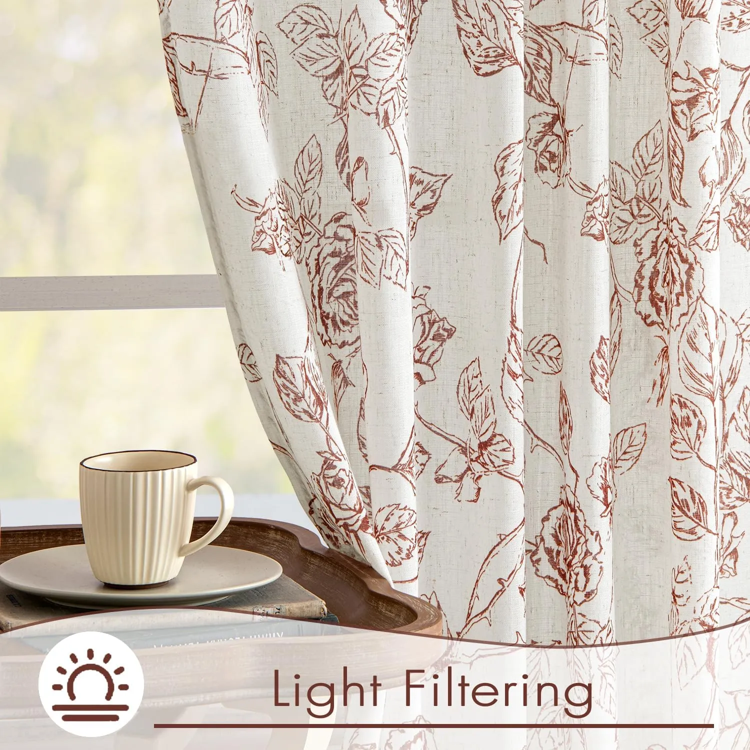 ANRODUO Vintage Linen Curtains - Rust Red Botanical Patterned Neutral Cream Drapes - 63 Inch Long, 2 Panel Set - Back Tab Curtains for Living Room & Bedroom
