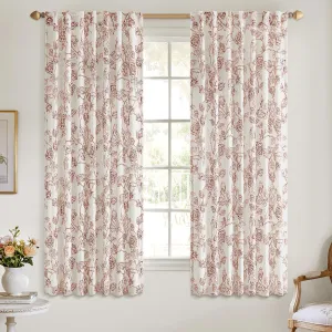 ANRODUO Vintage Linen Curtains - Rust Red Botanical Patterned Neutral Cream Drapes - 63 Inch Long, 2 Panel Set - Back Tab Curtains for Living Room & Bedroom