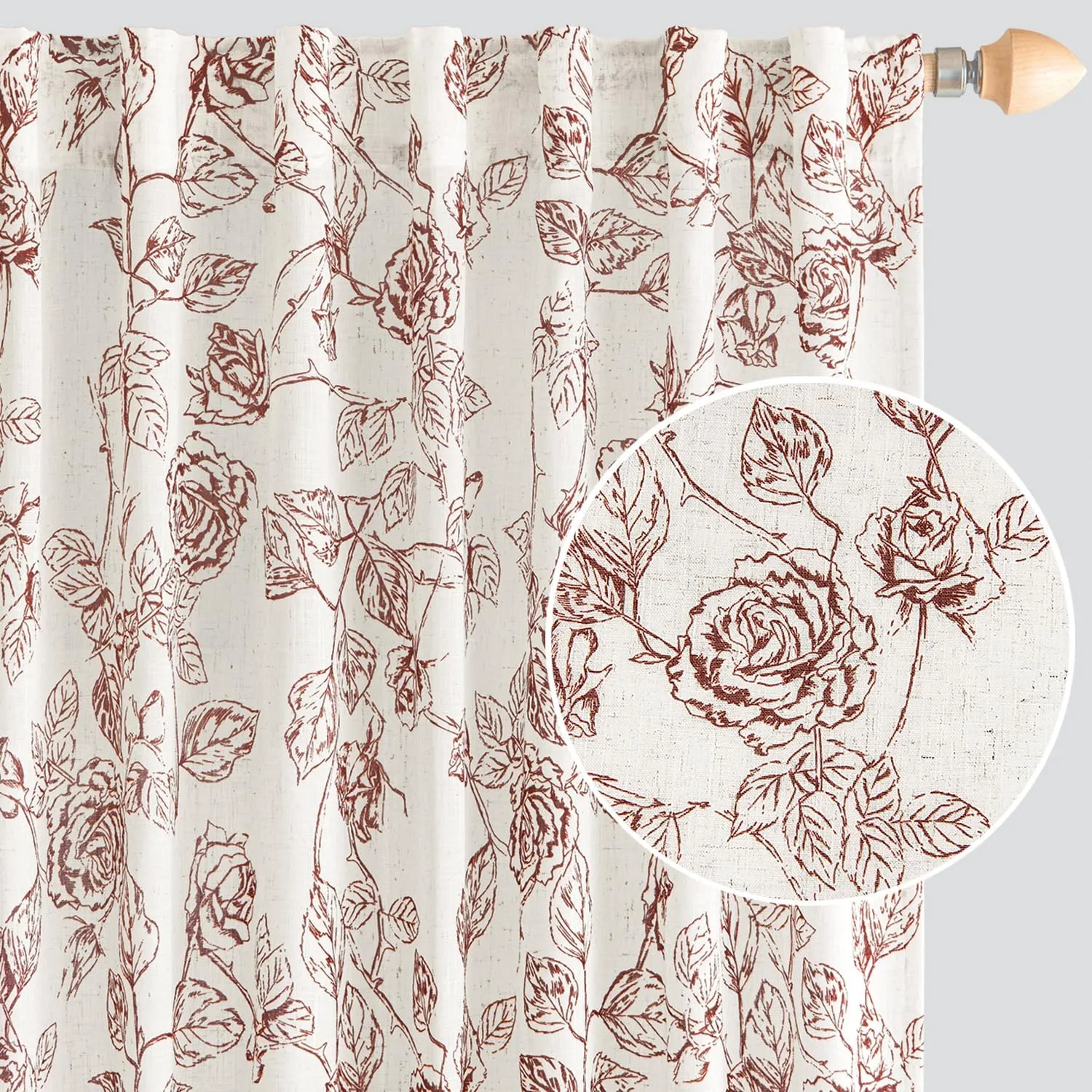 ANRODUO Vintage Linen Curtains - Rust Red Botanical Patterned Neutral Cream Drapes - 63 Inch Long, 2 Panel Set - Back Tab Curtains for Living Room & Bedroom