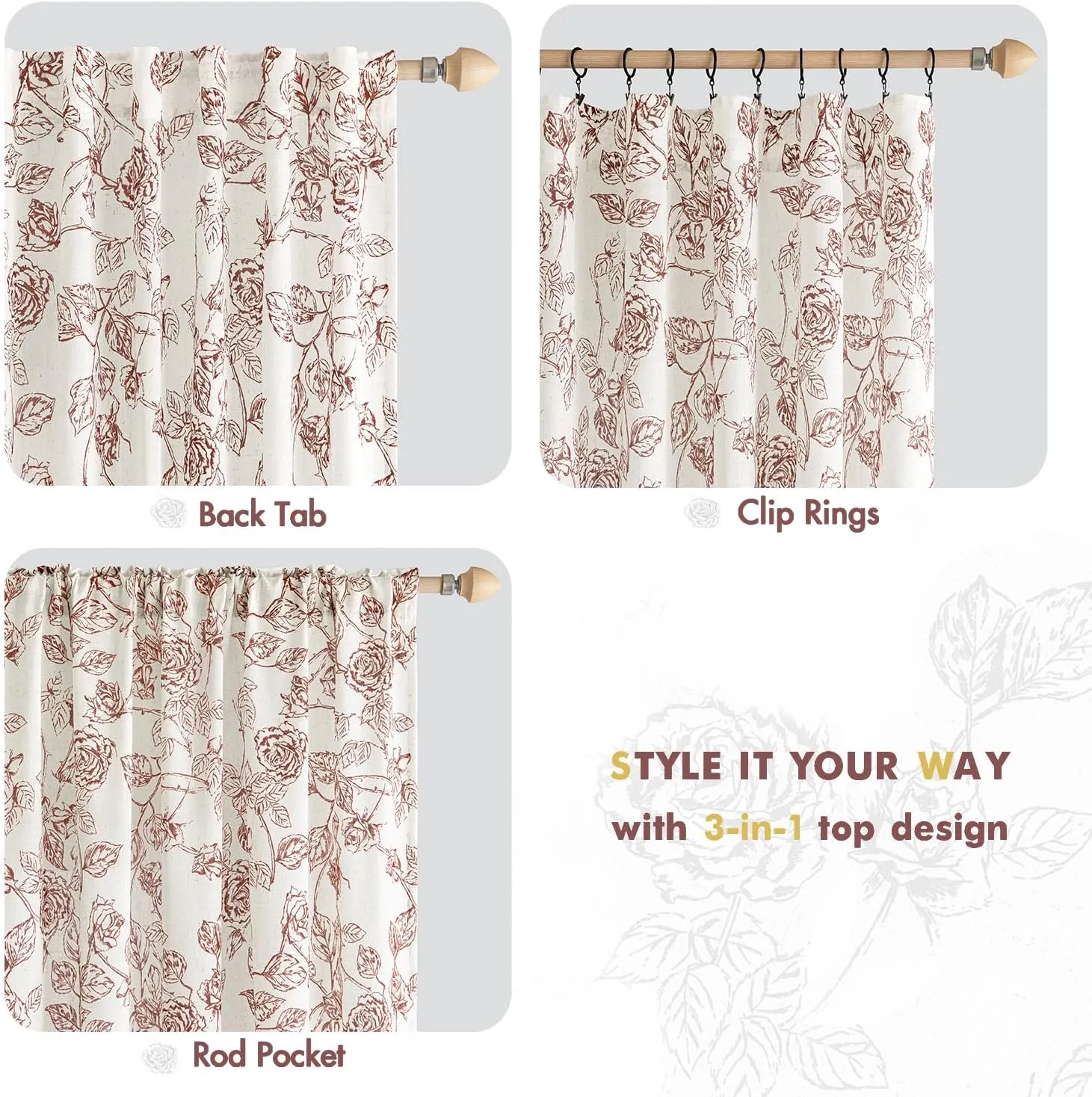 ANRODUO Vintage Linen Curtains - Rust Red Botanical Patterned Neutral Cream Drapes - 63 Inch Long, 2 Panel Set - Back Tab Curtains for Living Room & Bedroom