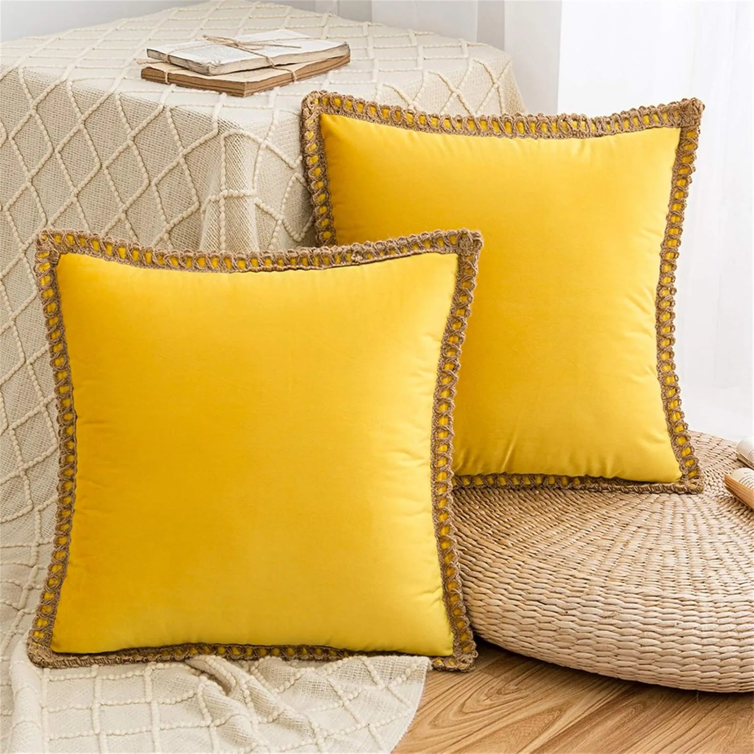 AQOTHES Set of 2 Velvet Decorative Throw Pillow Covers 18x18 Inch, Farmhouse Yellow Throw Pillows for Couch Sofa Bed Home Living Room Decor