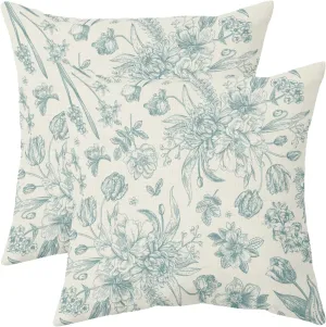 Aqua Blue Floral Pillow Covers 18x18 Set of 2 Vintage Flower Chinoiserie Cream Decorative Throw Pillows Outdoor Country Farmhouse Pillowcases Cushion Case Decor for Home Sofa Couch Bed