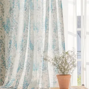 Aqua Blue Floral Semi Sheer Curtains Linen Textured for Living Room 84 inches Long Rod Pocket 2 Panels Grey Leaves Boho Light Filtering Window Curtain for Bedroom Dining