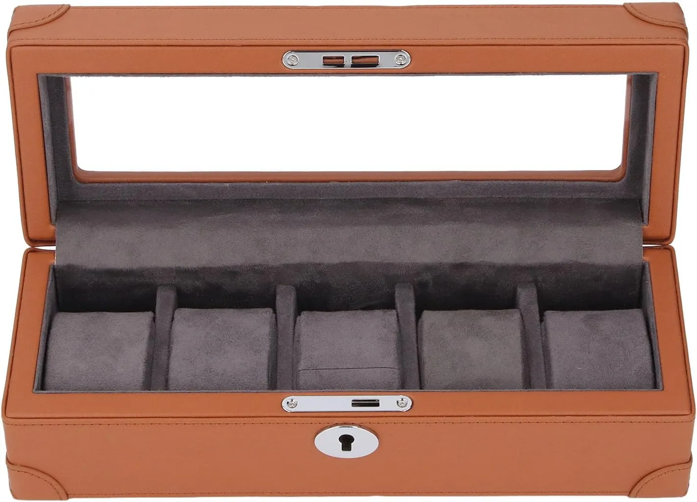 Aramox Watch Storage Box, 5 Slot Watch Box with Glass Window and Plush Lining, Mechanical Watch Storage Box (Brown)