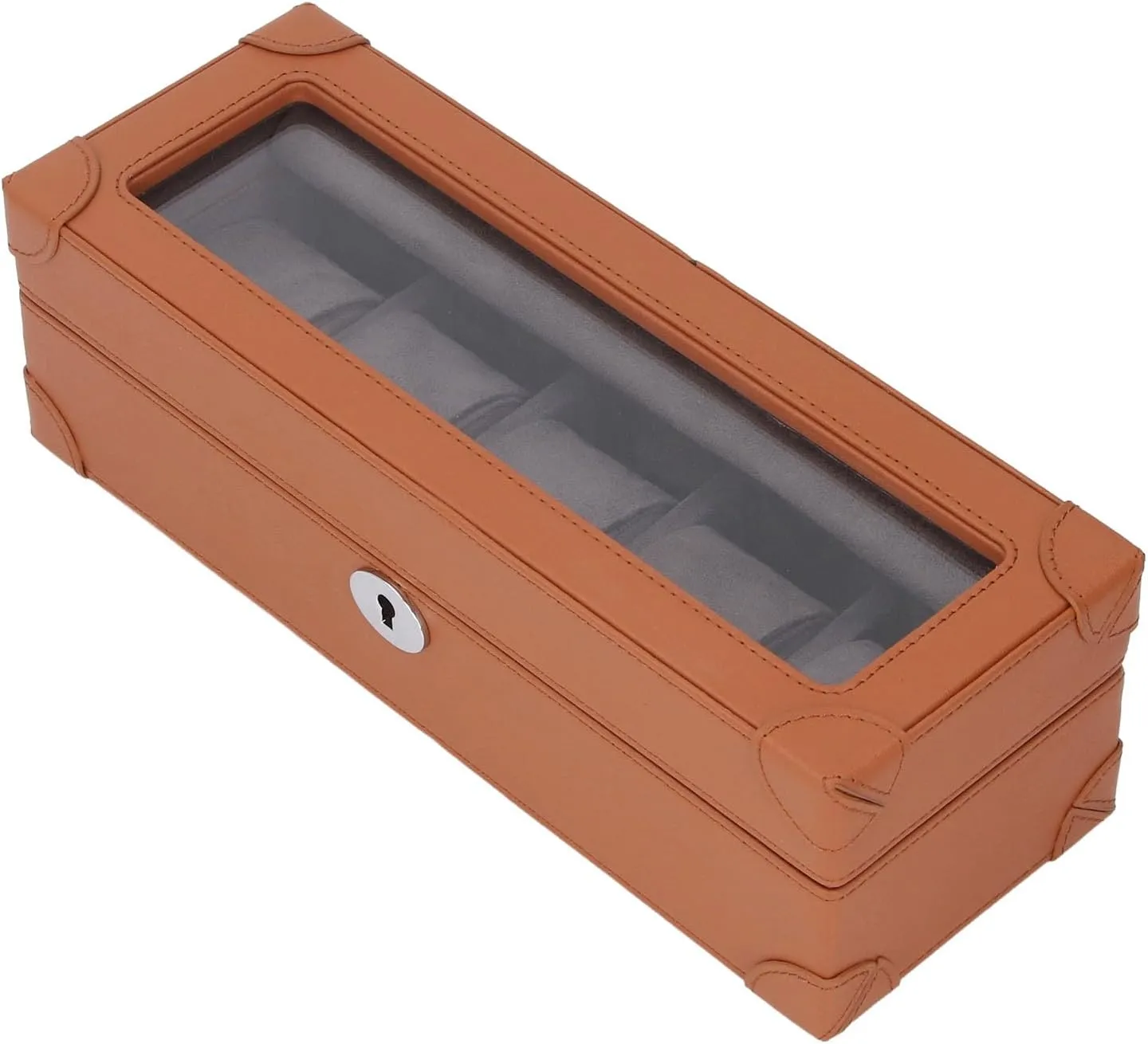 Aramox Watch Storage Box, 5 Slot Watch Box with Glass Window and Plush Lining, Mechanical Watch Storage Box (Brown)