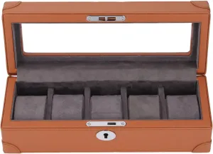 Aramox Watch Storage Box, 5 Slot Watch Box with Glass Window and Plush Lining, Mechanical Watch Storage Box (Brown)
