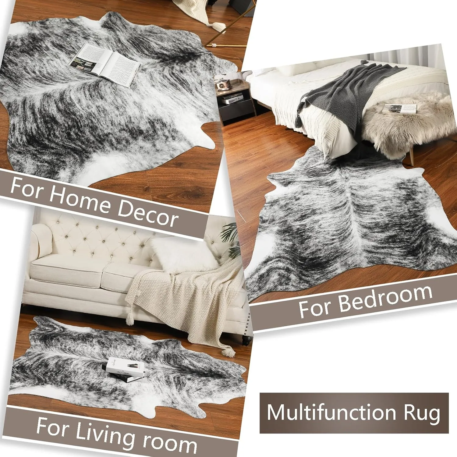 AROGAN Western Decor Faux Fur Cowhide Rug, 6.2 x 5.2 Feet Premium Animal Skin Cow Hide Rug, Sturdy Cow Print Rugs for Wall Decor, Western Floor Carpet for Bedroom Living Room, Black and Grey