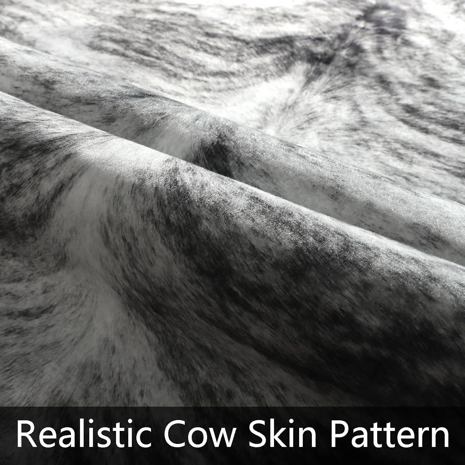 AROGAN Western Decor Faux Fur Cowhide Rug, 6.2 x 5.2 Feet Premium Animal Skin Cow Hide Rug, Sturdy Cow Print Rugs for Wall Decor, Western Floor Carpet for Bedroom Living Room, Black and Grey