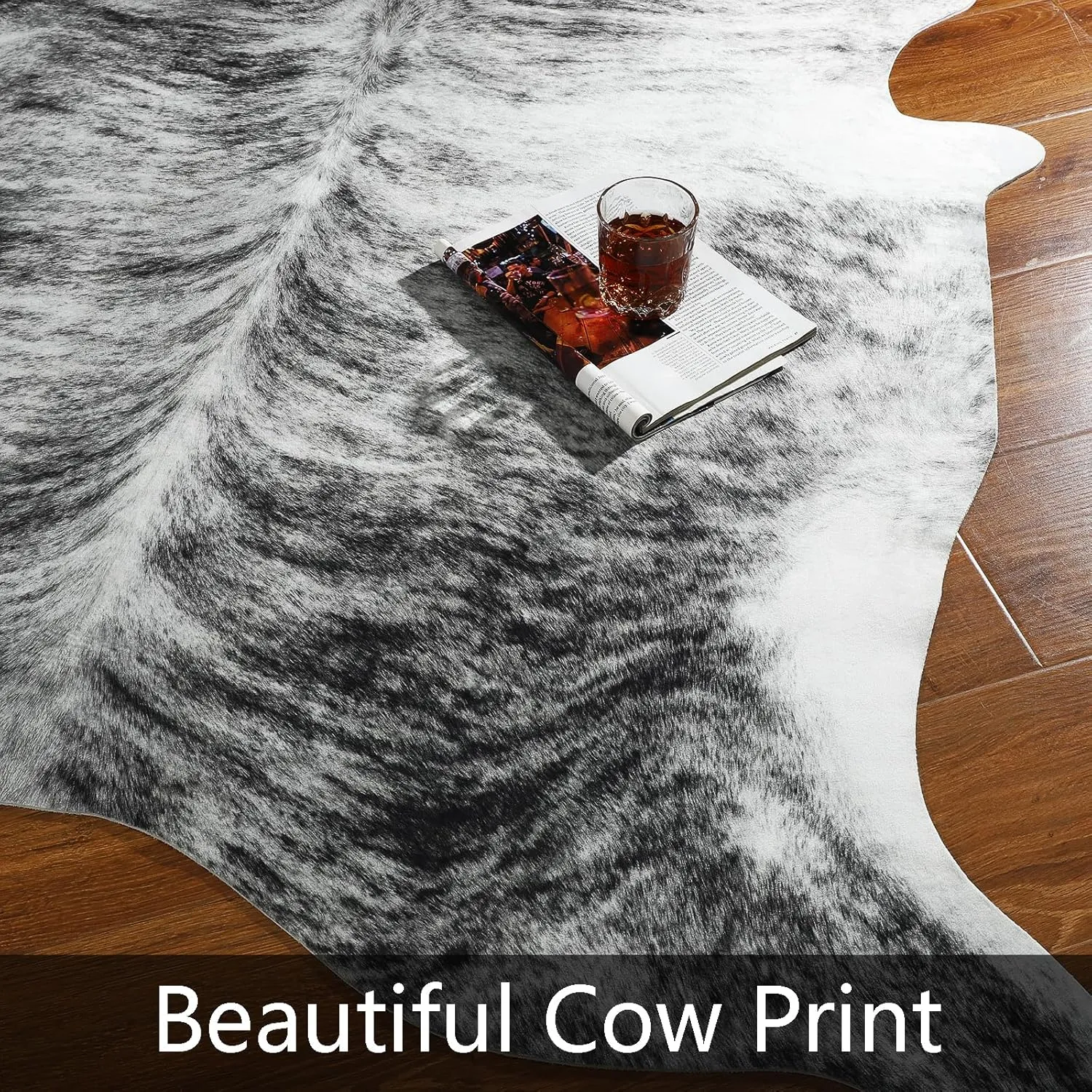 AROGAN Western Decor Faux Fur Cowhide Rug, 6.2 x 5.2 Feet Premium Animal Skin Cow Hide Rug, Sturdy Cow Print Rugs for Wall Decor, Western Floor Carpet for Bedroom Living Room, Black and Grey