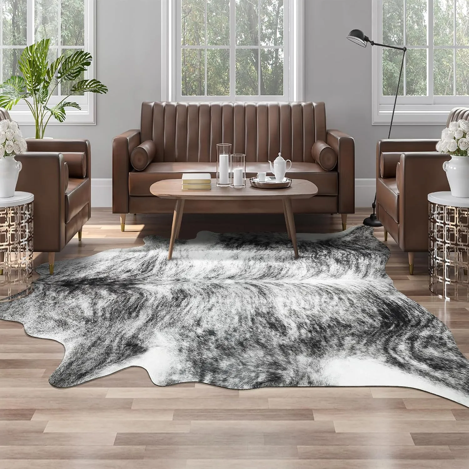 AROGAN Western Decor Faux Fur Cowhide Rug, 6.2 x 5.2 Feet Premium Animal Skin Cow Hide Rug, Sturdy Cow Print Rugs for Wall Decor, Western Floor Carpet for Bedroom Living Room, Black and Grey