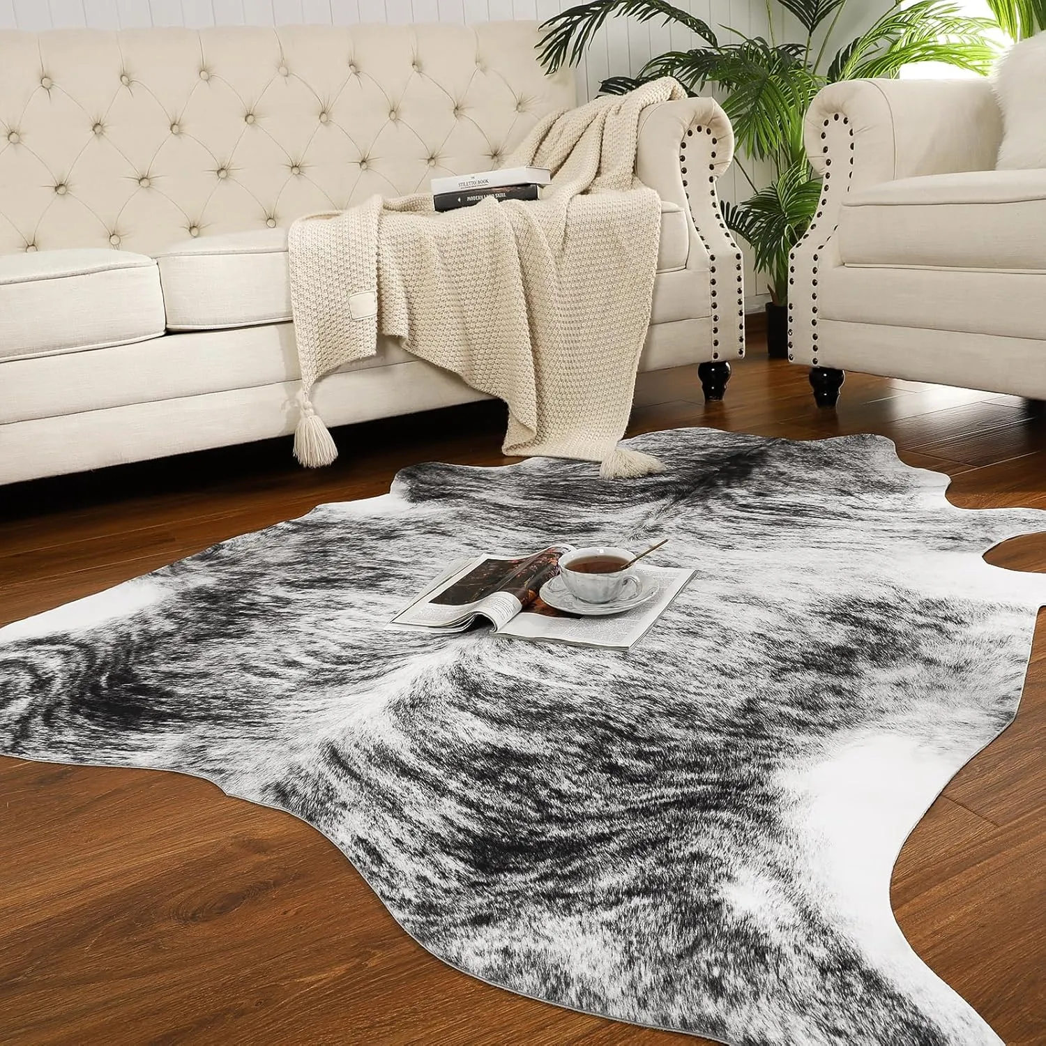 AROGAN Western Decor Faux Fur Cowhide Rug, 6.2 x 5.2 Feet Premium Animal Skin Cow Hide Rug, Sturdy Cow Print Rugs for Wall Decor, Western Floor Carpet for Bedroom Living Room, Black and Grey