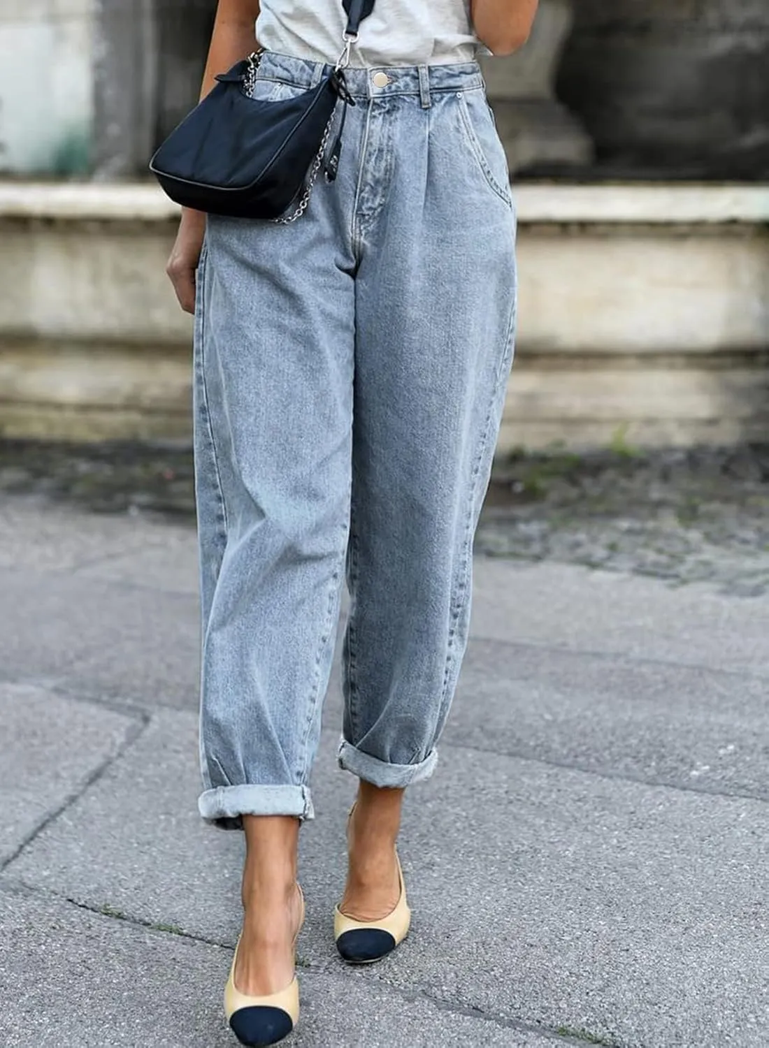Astylish Womens High Waisted Baggy Jeans Boyfriend Cropped Loose Denim Pants