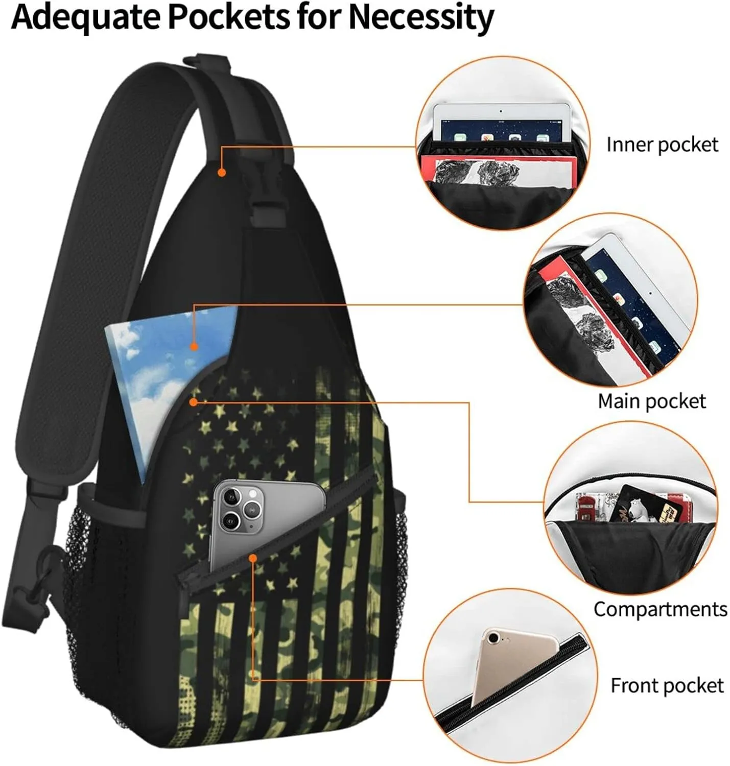 ASYG American Flag Sling Bag Crossbody Chest Daypack Casual Backpack Shoulder Bag For Travel Hiking Picnic