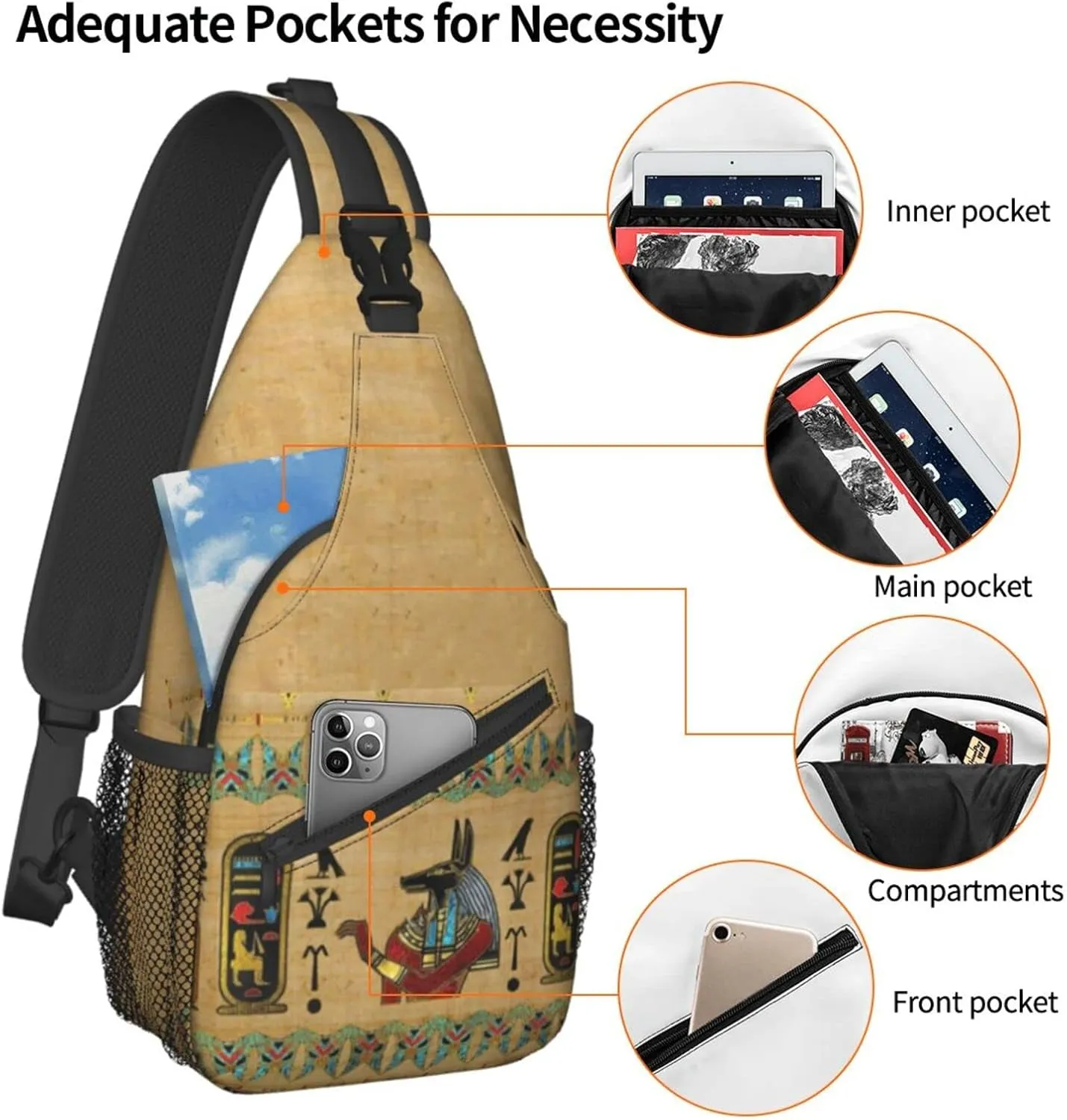 ASYG Ancient Egyptian Sling Bag Crossbody Chest Daypack Casual Backpack Egyptian Shoulder Bag Egyptian Decor