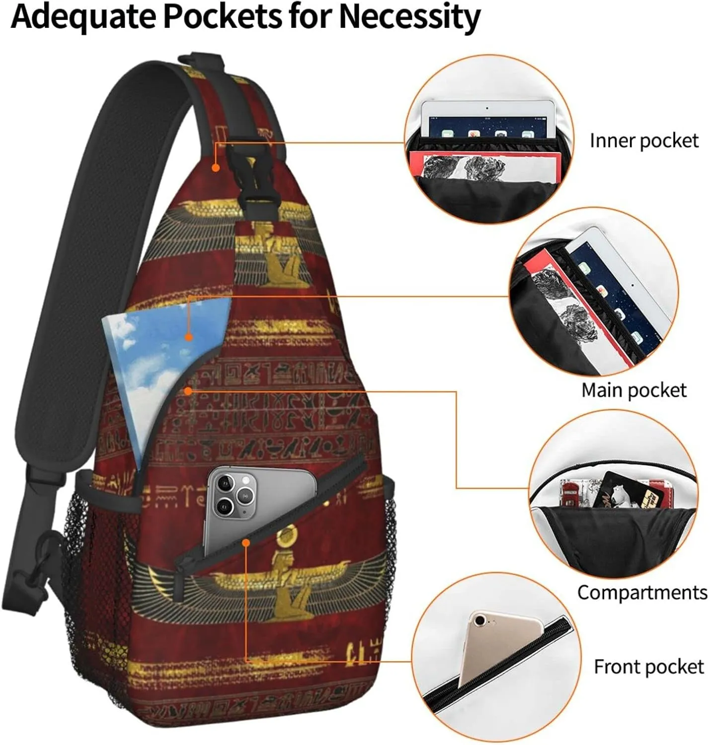 ASYG Ancient Egyptian Sling Bag Crossbody Chest Daypack Casual Backpack Egyptian Shoulder Bag Egyptian Decor