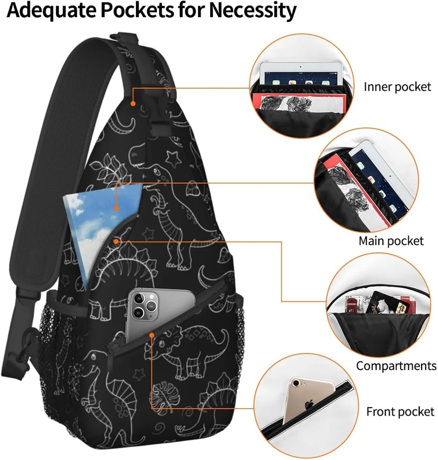 ASYG Dino Sling Bag Crossbody Chest Daypack Casual Backpack Dinosaur Shoulder Bag For Travel Hiking Sport Gym