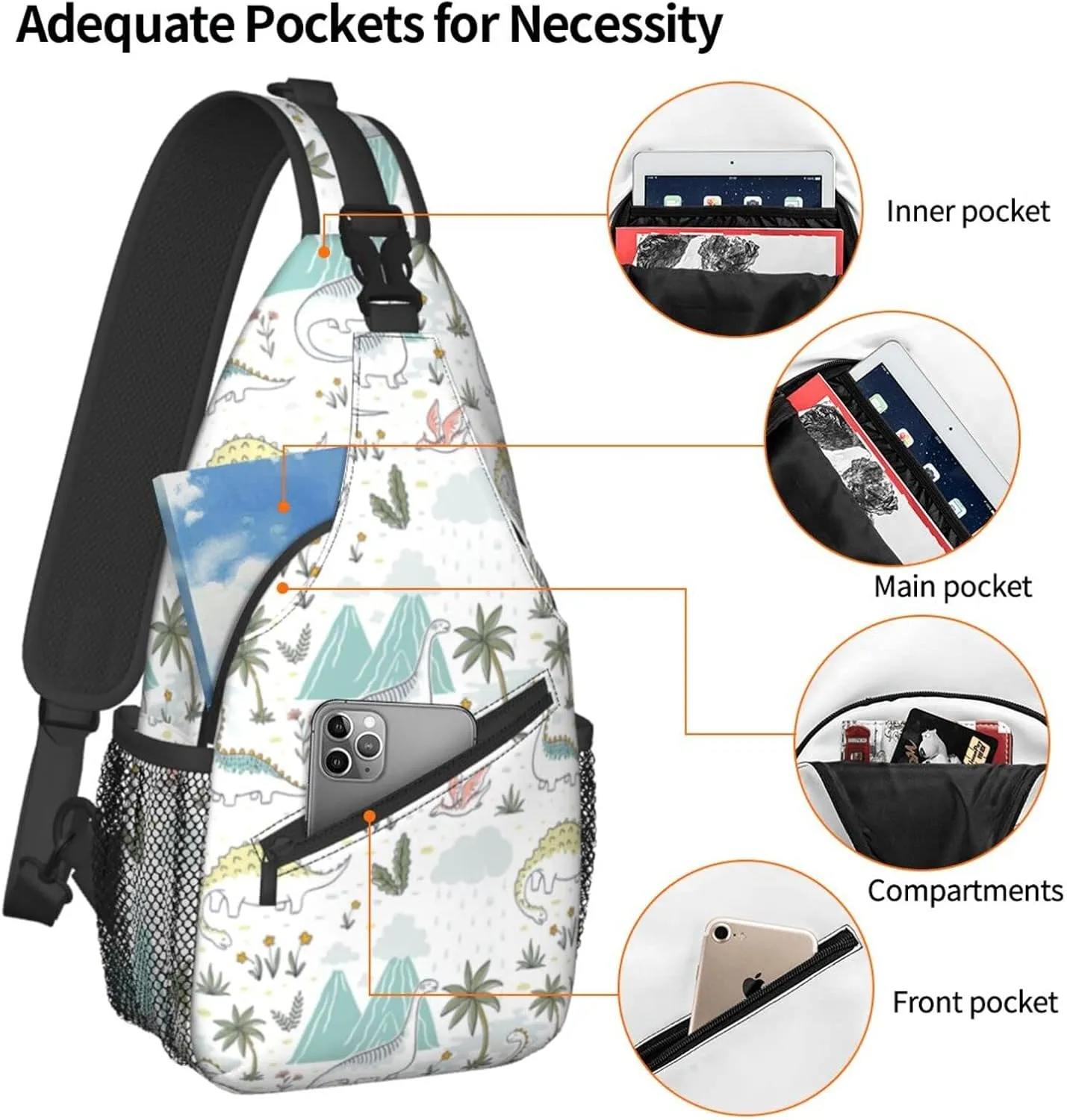 ASYG Dino Sling Bag Crossbody Chest Daypack Casual Backpack Dinosaur Shoulder Bag For Travel Hiking Sport Gym