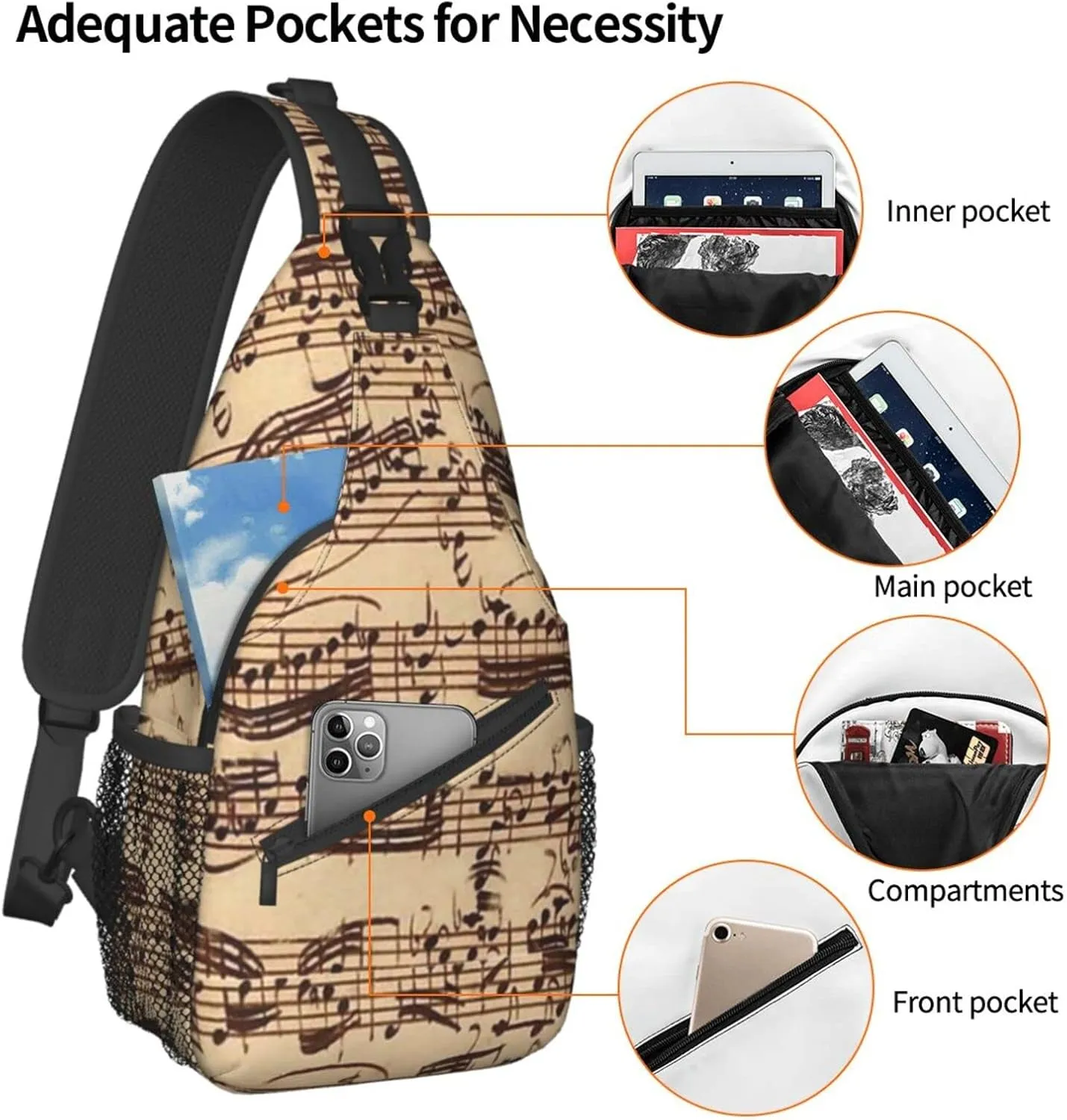 ASYG Music Sling Bag Crossbody Chest Daypack Casual Backpack Music Notes Shoulder Bag For Travel Hiking Sport Outdoor