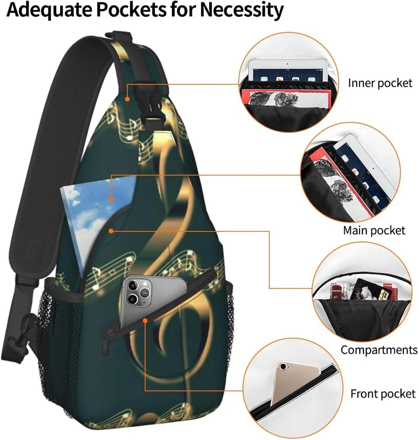ASYG Music Sling Bag Crossbody Chest Daypack Casual Backpack Music Notes Shoulder Bag For Travel Hiking Sport Outdoor