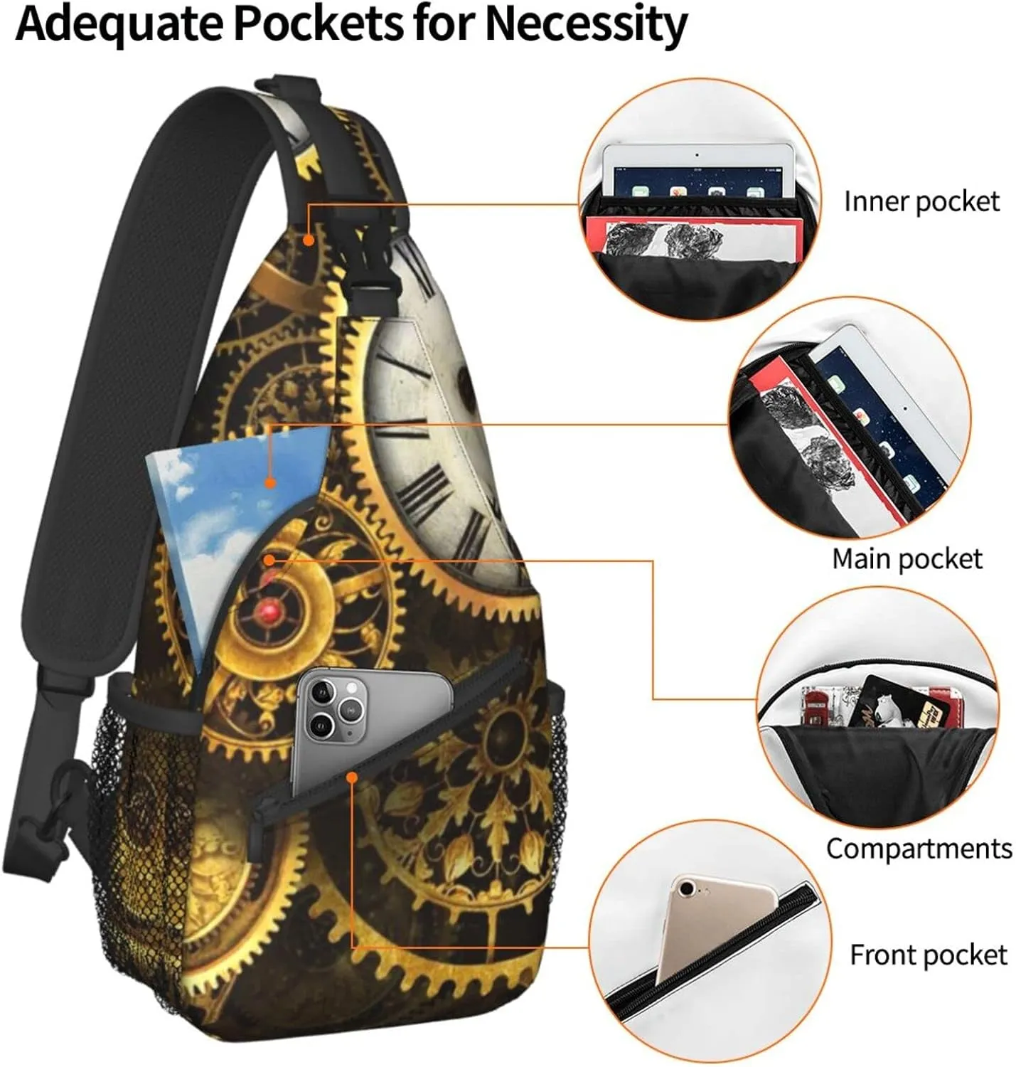 ASYG Steampunk Sling Bag Crossbody Chest Daypack Casual Backpack Vintage Clock Shoulder Bag For Travel Hiking