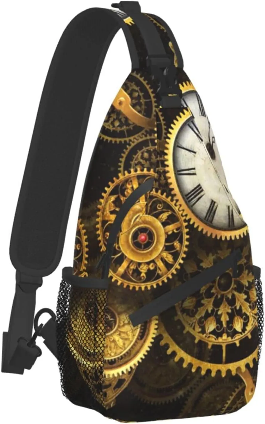 ASYG Steampunk Sling Bag Crossbody Chest Daypack Casual Backpack Vintage Clock Shoulder Bag For Travel Hiking