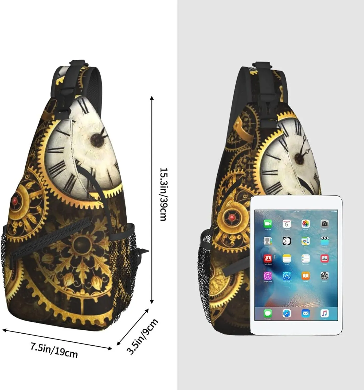 ASYG Steampunk Sling Bag Crossbody Chest Daypack Casual Backpack Vintage Clock Shoulder Bag For Travel Hiking