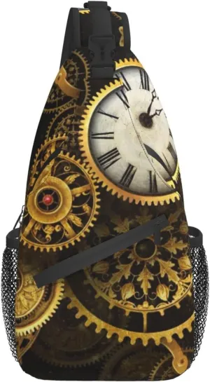 ASYG Steampunk Sling Bag Crossbody Chest Daypack Casual Backpack Vintage Clock Shoulder Bag For Travel Hiking