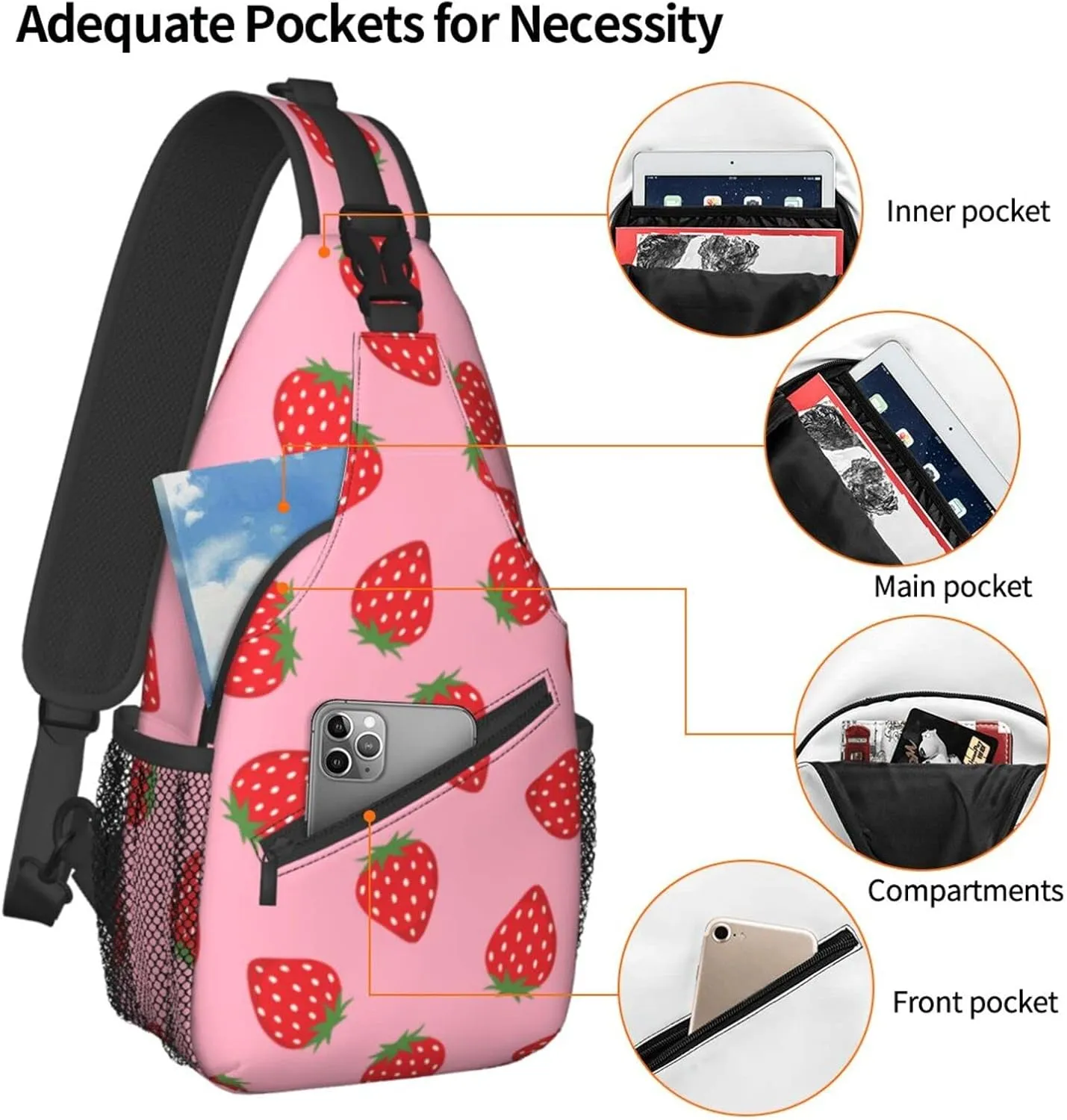 ASYG Strawberry Sling Bag Cute Crossbody Chest Daypack Casual Backpack Women Shoulder Bag For Travel Picnic