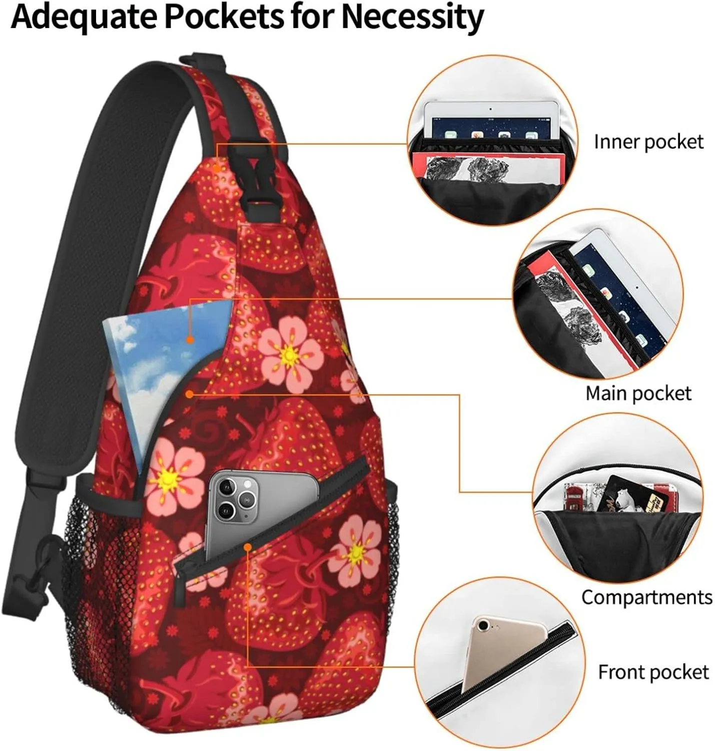 ASYG Strawberry Sling Bag Cute Crossbody Chest Daypack Casual Backpack Women Shoulder Bag For Travel Picnic