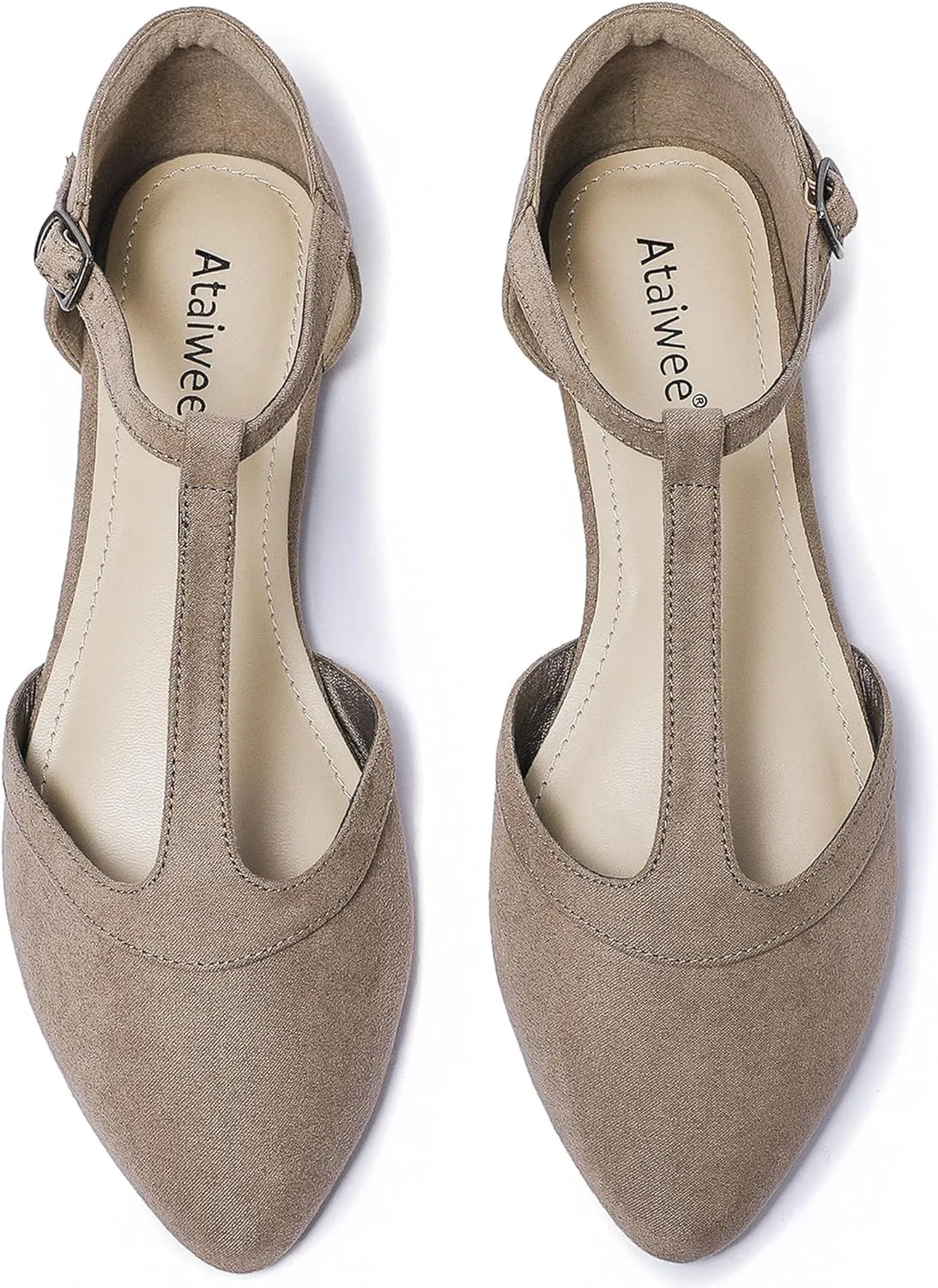 Ataiwee Women's Wide Flat Shoes - Pointed Ladies T-Strap Adjustable Summer Shoes.